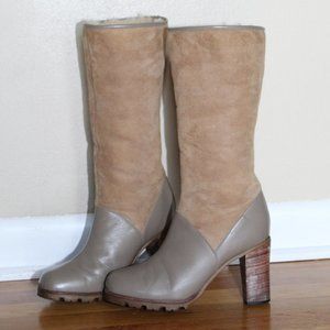 Vtg 70s Morrow-Taylor Tan Wool Suede Mid-Calf Heel Boots New Zealand Women's 8.5